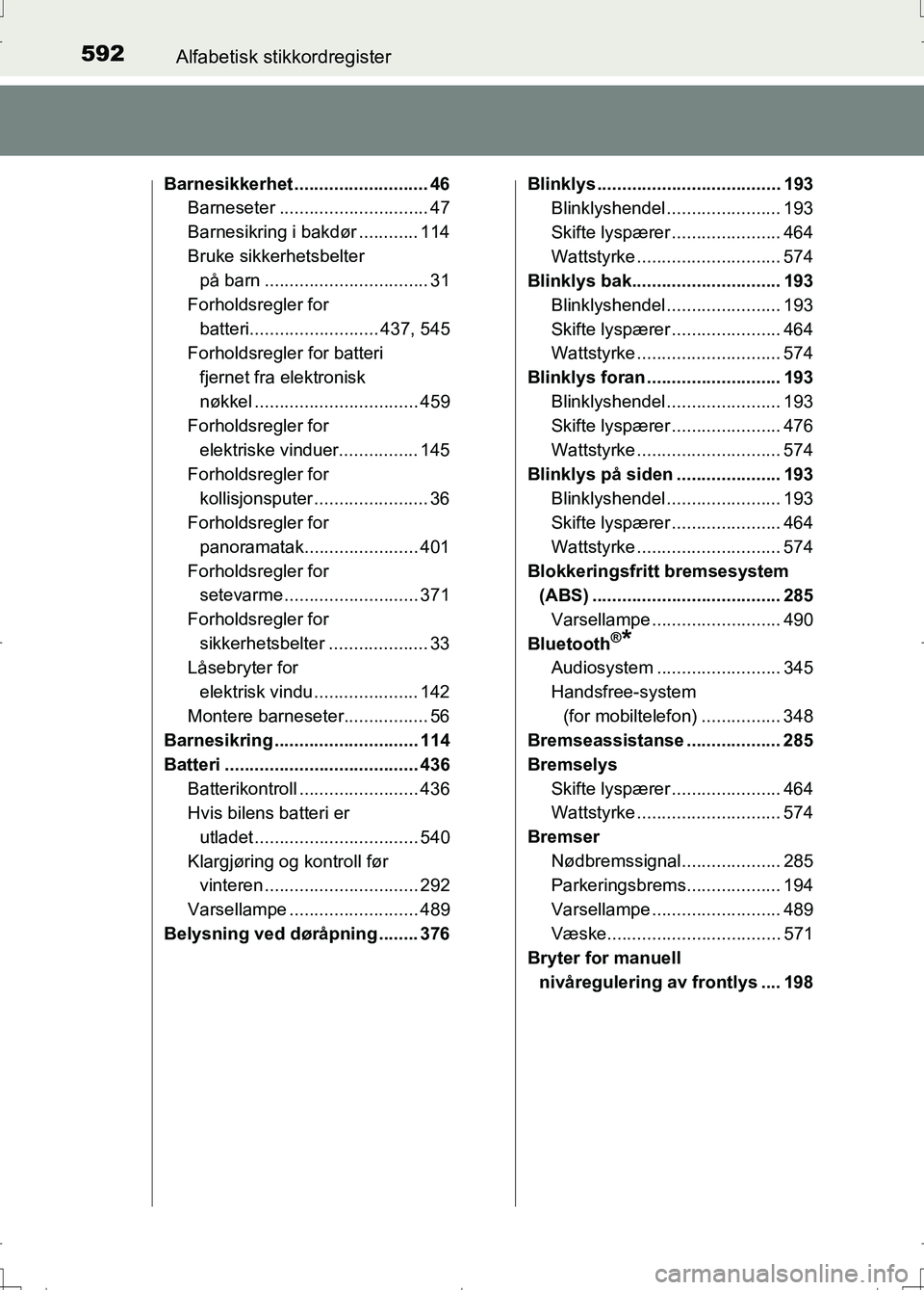 TOYOTA AURIS 2016 Instruksjoner for bruk (in Norwegian) 592Alfabetisk stikkordregister
OM12J31NO
Barnesikkerhet ........................... 46
Barneseter .............................. 47
Barnesikring i bakdør ............ 114
Bruke sikkerhetsbelter på b TOYOTA AURIS 2016 Instruksjoner for bruk (in Norwegian) 592Alfabetisk stikkordregister
OM12J31NO
Barnesikkerhet ........................... 46
Barneseter .............................. 47
Barnesikring i bakdør ............ 114
Bruke sikkerhetsbelter på b