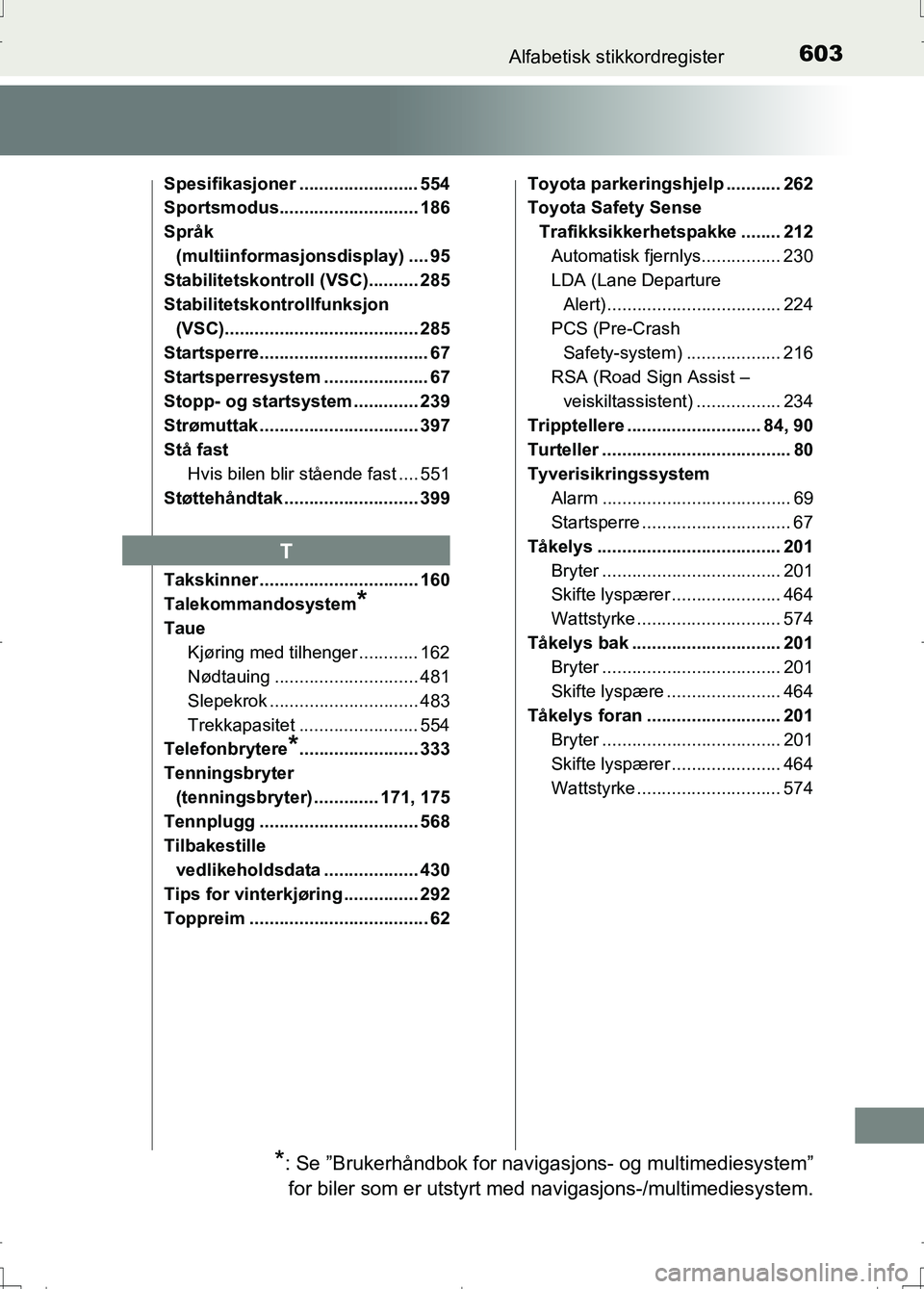 TOYOTA AURIS 2016  Instruksjoner for bruk (in Norwegian) 603Alfabetisk stikkordregister
OM12J31NO
Spesifikasjoner ........................ 554
Sportsmodus............................ 186
Språk (multiinformasjonsdisplay) .... 95
Stabilitetskontroll (VSC)...