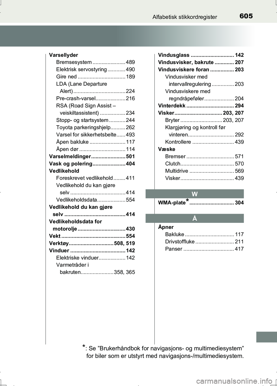 TOYOTA AURIS 2016  Instruksjoner for bruk (in Norwegian) 605Alfabetisk stikkordregister
OM12J31NO
VarsellyderBremsesystem ...................... 489
Elektrisk servostyring ............ 490
Gire ned ................................ 189
LDA (Lane Departure 
A