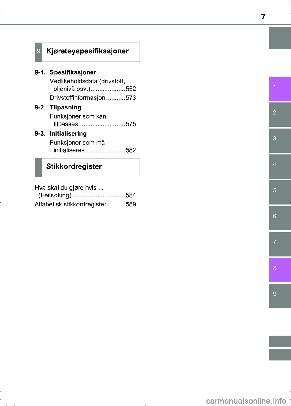 TOYOTA AURIS 2016  Instruksjoner for bruk (in Norwegian) 7
1
9 8
7 5 4
3
2
OM12J31NO
6
9-1. SpesifikasjonerVedlikeholdsdata (drivstoff, oljenivå osv.)....................552
Drivstoffinformasjon ...........573
9-2. Tilpasning Funksjoner som kan tilpasses..