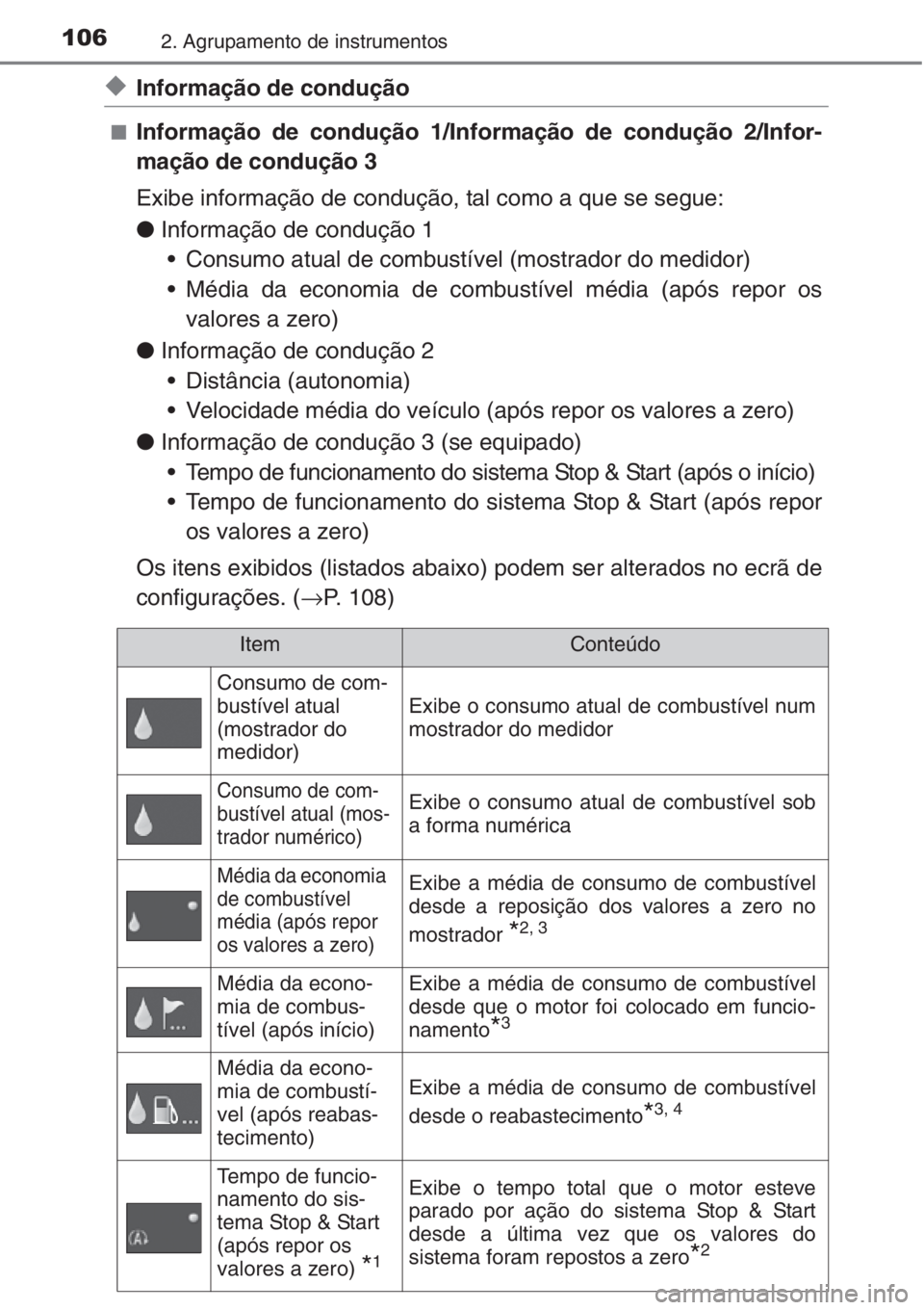 TOYOTA AURIS 2016  Manual de utilização (in Portuguese) 1062. Agrupamento de instrumentos
◆Informação de condução
■Informação de condução 1/Informação de condução 2/Infor-
mação de condução 3
Exibe informação de condução, tal como a