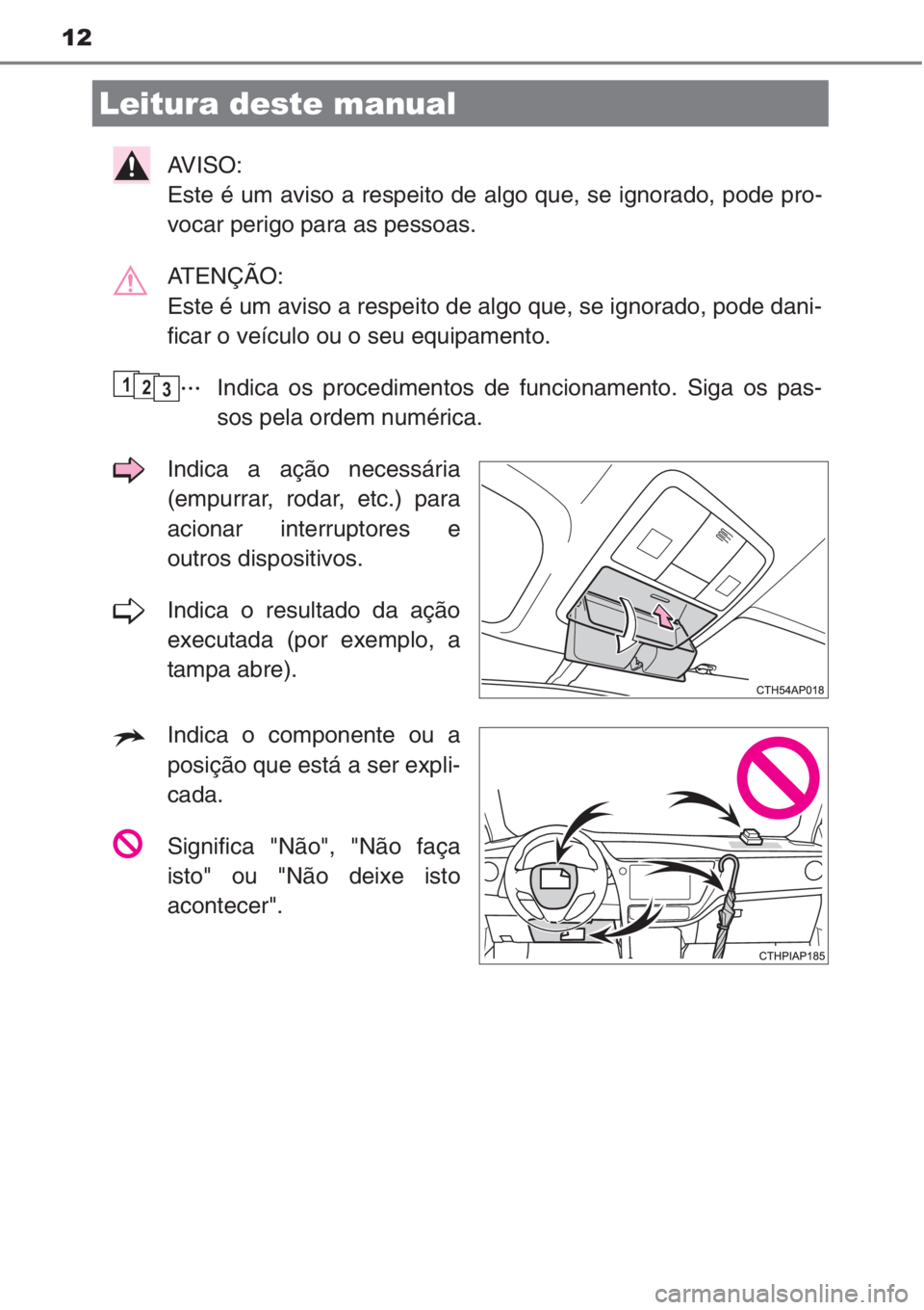 TOYOTA AURIS 2016 Manual de utilização (in Portuguese) 12
AVISO:
Este é um aviso a respeito de algo que, se ignorado, pode pro-
vocar perigo para as pessoas.
ATENÇÃO:
Este é um aviso a respeito de algo que, se ignorado, pode dani-
ficar o veículo o TOYOTA AURIS 2016 Manual de utilização (in Portuguese) 12
AVISO:
Este é um aviso a respeito de algo que, se ignorado, pode pro-
vocar perigo para as pessoas.
ATENÇÃO:
Este é um aviso a respeito de algo que, se ignorado, pode dani-
ficar o veículo o