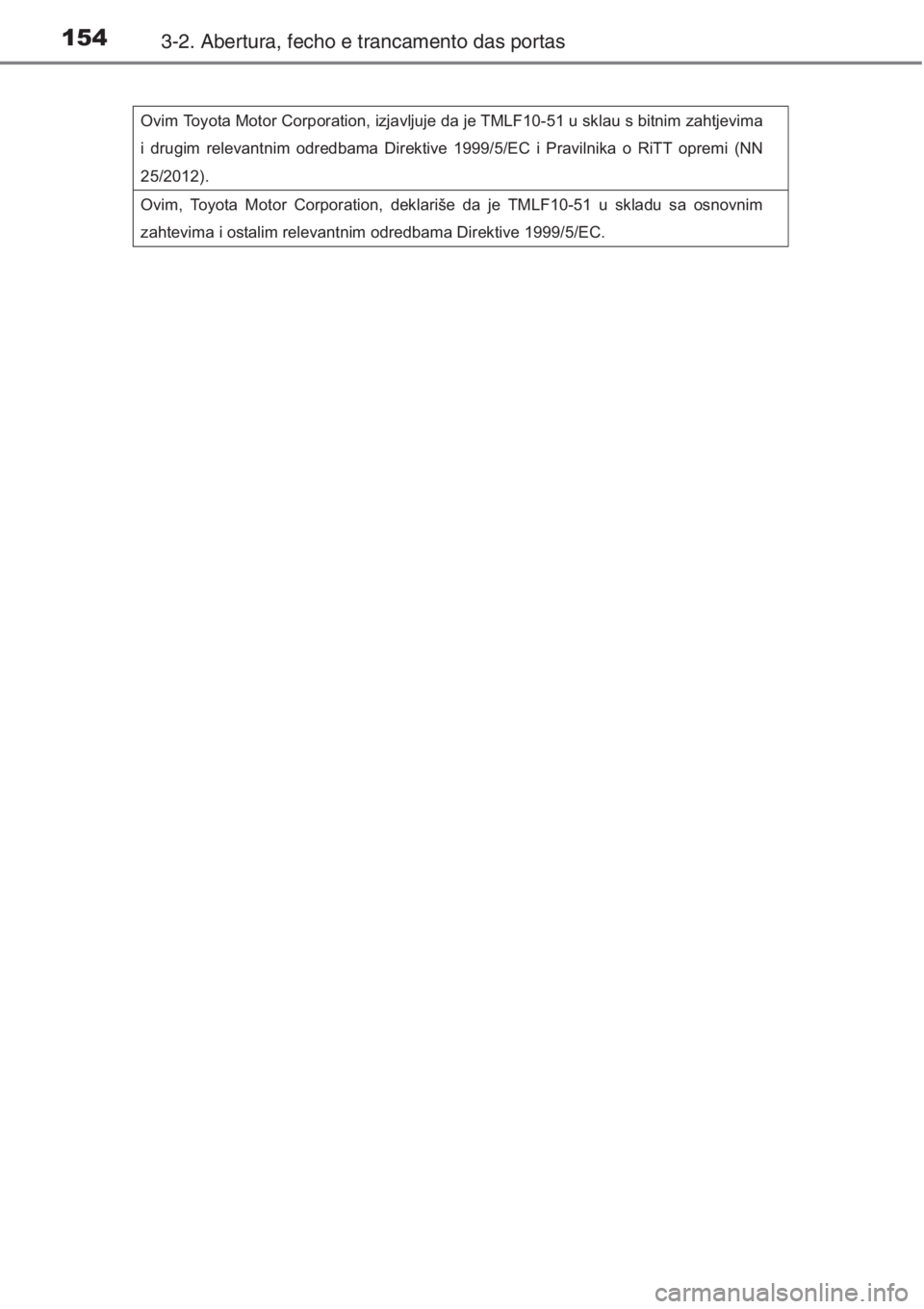 TOYOTA AURIS 2016 Manual de utilização (in Portuguese) 1543-2. Abertura, fecho e trancamento das portas
Ovim Toyota Motor Corporation, izjavljuje da je TMLF10-51 u sklau s bitnim zahtjevima
i drugim relevantnim odredbama Direktive 1999/5/EC i Pravilnika TOYOTA AURIS 2016 Manual de utilização (in Portuguese) 1543-2. Abertura, fecho e trancamento das portas
Ovim Toyota Motor Corporation, izjavljuje da je TMLF10-51 u sklau s bitnim zahtjevima
i drugim relevantnim odredbama Direktive 1999/5/EC i Pravilnika