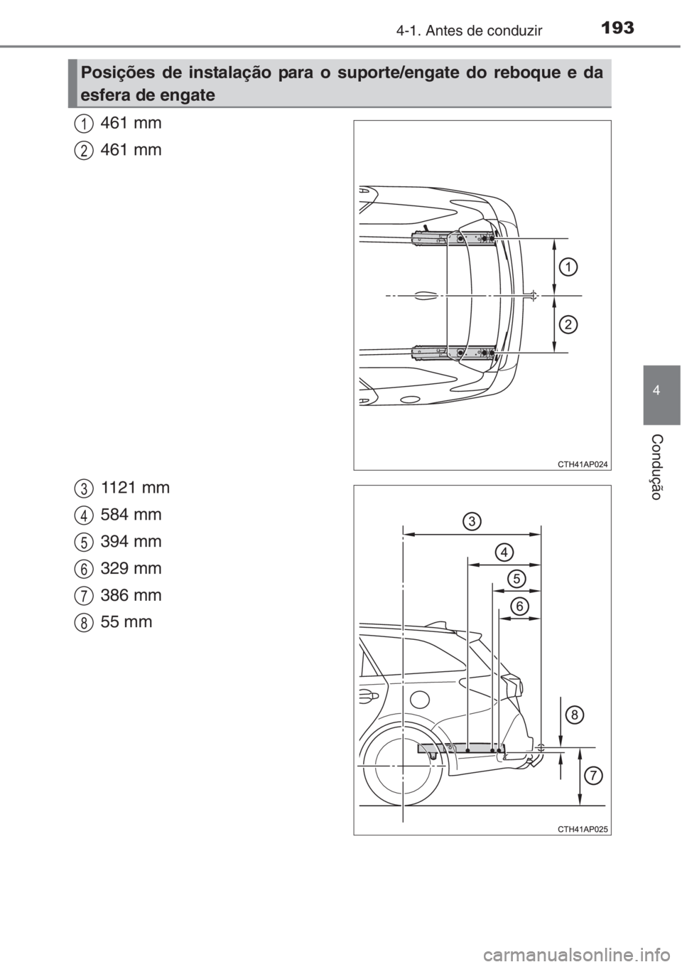 TOYOTA AURIS 2016 Manual de utilização (in Portuguese) 1934-1. Antes de conduzir
4
Condução
461 mm
461 mm
1121 mm
584 mm
394 mm
329 mm
386 mm
55 mm
Posições de instalação para o suporte/engate do reboque e da
esfera de engate
1
2
3
4
5
6
7
8 TOYOTA AURIS 2016 Manual de utilização (in Portuguese) 1934-1. Antes de conduzir
4
Condução
461 mm
461 mm
1121 mm
584 mm
394 mm
329 mm
386 mm
55 mm
Posições de instalação para o suporte/engate do reboque e da
esfera de engate
1
2
3
4
5
6
7
8