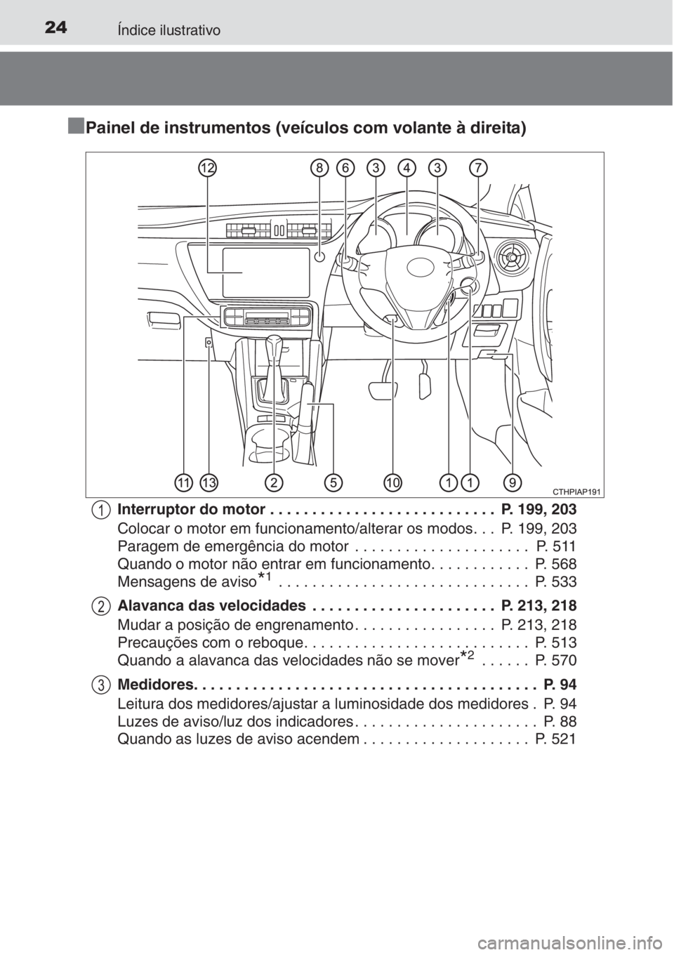 TOYOTA AURIS 2016 Manual de utilização (in Portuguese) 24Índice ilustrativo
■
■■ ■Painel de instrumentos (veículos com volante à direita)
Interruptor do motor . . . . . . . . . . . . . . . . . . . . . . . . . . . P. 199, 203
Colocar o motor em TOYOTA AURIS 2016 Manual de utilização (in Portuguese) 24Índice ilustrativo
■
■■ ■Painel de instrumentos (veículos com volante à direita)
Interruptor do motor . . . . . . . . . . . . . . . . . . . . . . . . . . . P. 199, 203
Colocar o motor em