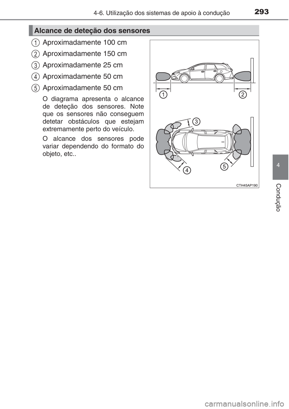 TOYOTA AURIS 2016 Manual de utilização (in Portuguese) 2934-6. Utilização dos sistemas de apoio à condução
4
Condução
Aproximadamente 100 cm
Aproximadamente 150 cm
Aproximadamente 25 cm
Aproximadamente 50 cm
Aproximadamente 50 cm
O diagrama apresen TOYOTA AURIS 2016 Manual de utilização (in Portuguese) 2934-6. Utilização dos sistemas de apoio à condução
4
Condução
Aproximadamente 100 cm
Aproximadamente 150 cm
Aproximadamente 25 cm
Aproximadamente 50 cm
Aproximadamente 50 cm
O diagrama apresen