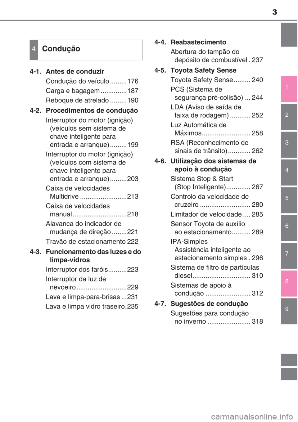 TOYOTA AURIS 2016  Manual de utilização (in Portuguese) 3
1
9 8 7 5 4 3 2
6
4-1.  Antes de conduzir
Condução do veículo .........176
Carga e bagagem ..............187
Reboque de atrelado .........190
4-2.  Procedimentos de condução
Interruptor do moto