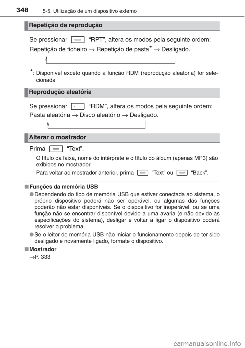 TOYOTA AURIS 2016  Manual de utilização (in Portuguese) 3485-5. Utilização de um dispositivo externo
Se pressionar   “RPT”, altera os modos pela seguinte ordem:
Repetição de ficheiro → Repetição de pasta
*→ Desligado.
*: Disponível exceto qu