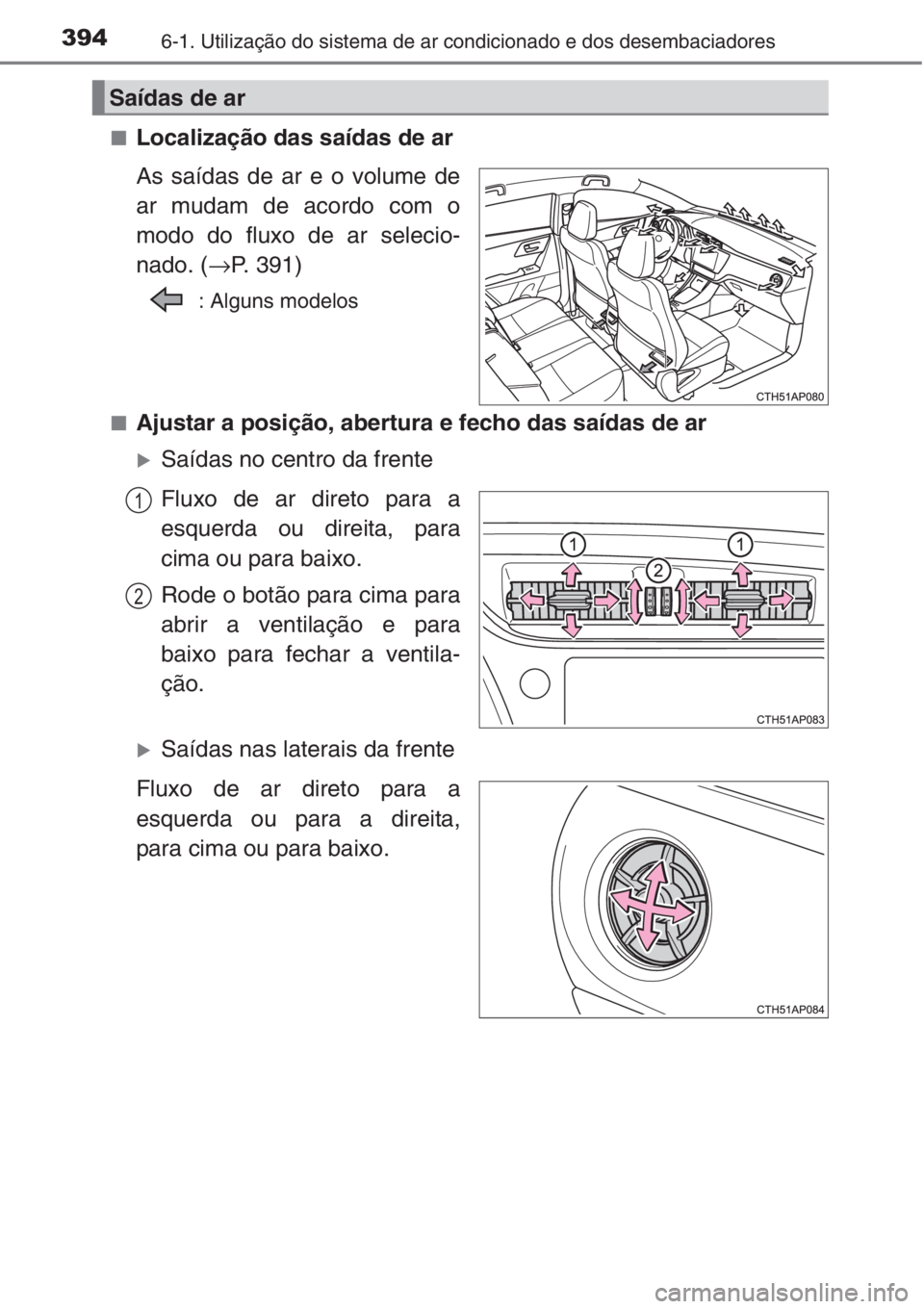 TOYOTA AURIS 2016  Manual de utilização (in Portuguese) 3946-1. Utilização do sistema de ar condicionado e dos desembaciadores
■Localização das saídas de ar
As saídas de ar e o volume de
ar mudam de acordo com o
modo do fluxo de ar selecio-
nado. (