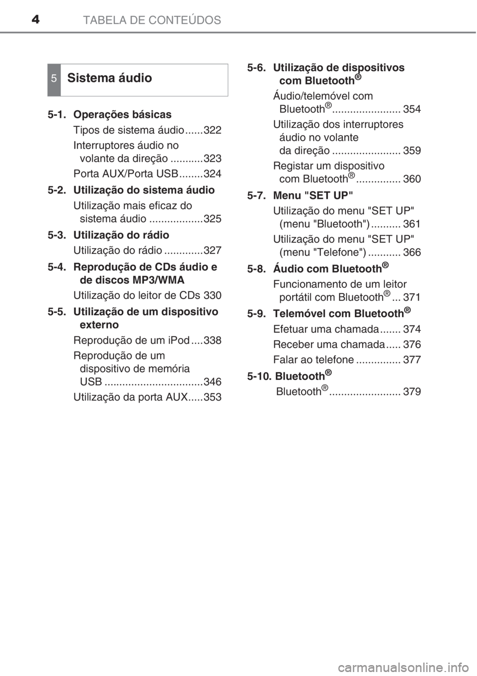 TOYOTA AURIS 2016  Manual de utilização (in Portuguese) TABELA DE CONTEÚDOS4
5-1. Operações básicas
Tipos de sistema áudio ......322
Interruptores áudio no 
volante da direção ...........323
Porta AUX/Porta USB ........324
5-2.  Utilização do sis
