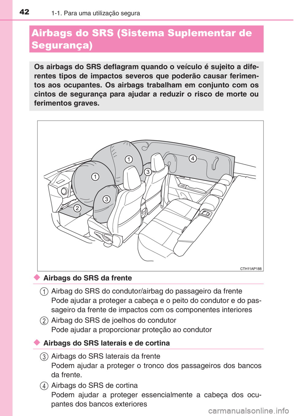 TOYOTA AURIS 2016  Manual de utilização (in Portuguese) 421-1. Para uma utilização segura
◆Airbags do SRS da frente
Airbag do SRS do condutor/airbag do passageiro da frente
Pode ajudar a proteger a cabeça e o peito do condutor e do pas-
sageiro da fre