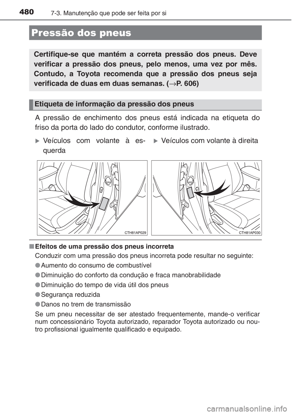 TOYOTA AURIS 2016  Manual de utilização (in Portuguese) 4807-3. Manutenção que pode ser feita por si
A pressão de enchimento dos pneus está indicada na etiqueta do
friso da porta do lado do condutor, conforme ilustrado.
■Efeitos de uma pressão dos p