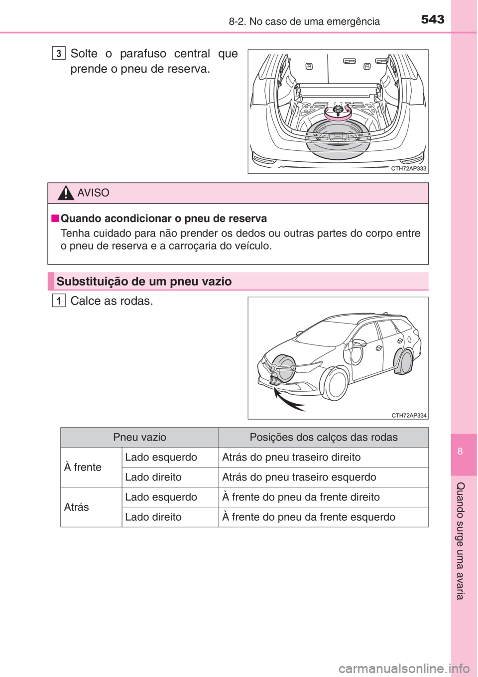 TOYOTA AURIS 2016 Manual de utilização (in Portuguese) 5438-2. No caso de uma emergência
8
Quando surge uma avaria
Solte o parafuso central que
prende o pneu de reserva.
Calce as rodas.3
AV I S O
■Quando acondicionar o pneu de reserva
Tenha cuidado par TOYOTA AURIS 2016 Manual de utilização (in Portuguese) 5438-2. No caso de uma emergência
8
Quando surge uma avaria
Solte o parafuso central que
prende o pneu de reserva.
Calce as rodas.3
AV I S O
■Quando acondicionar o pneu de reserva
Tenha cuidado par