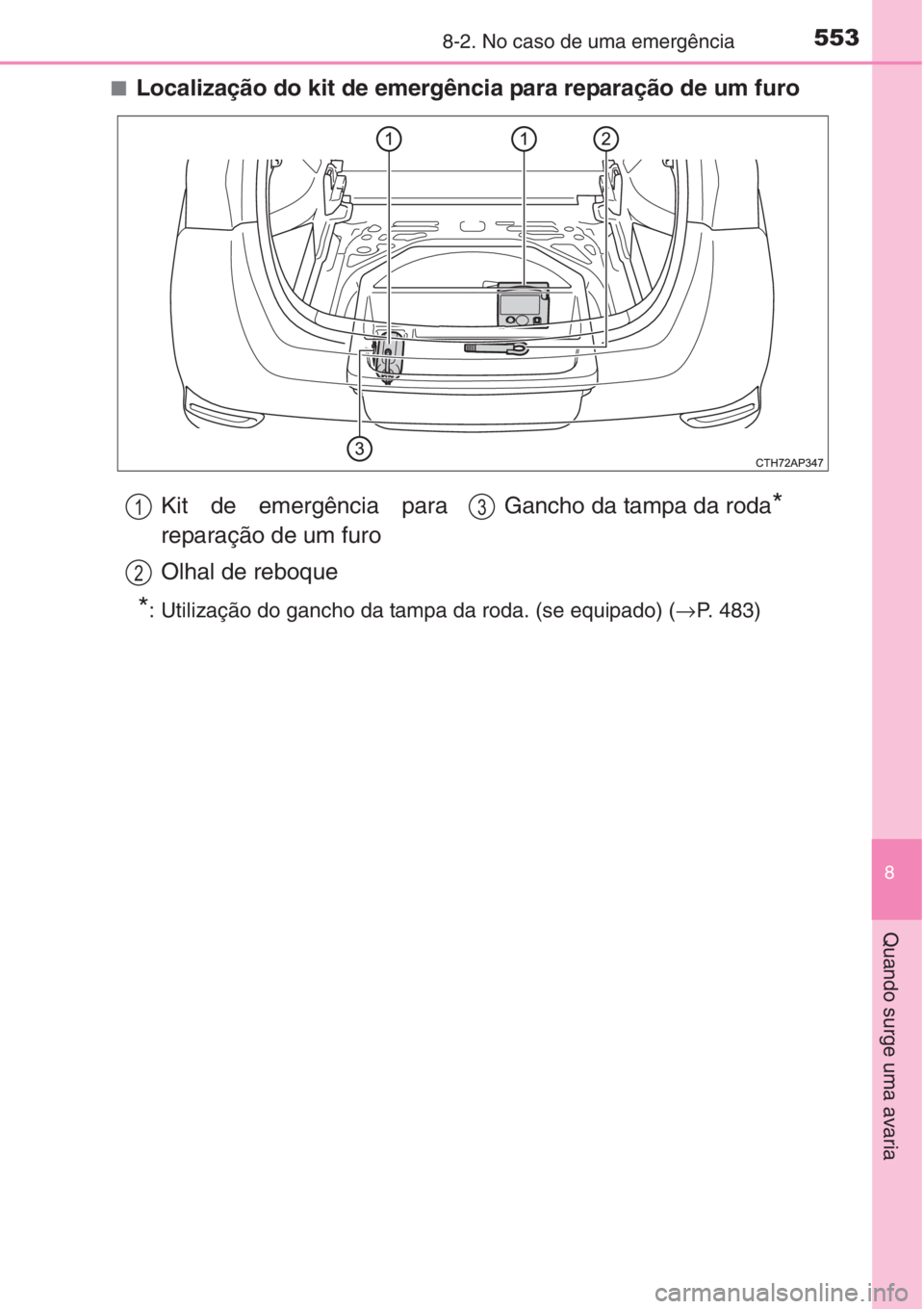 TOYOTA AURIS 2016 Manual de utilização (in Portuguese) 5538-2. No caso de uma emergência
8
Quando surge uma avaria
■Localização do kit de emergência para reparação de um furo
*: Utilização do gancho da tampa da roda. (se equipado) (→P. 483)
Ki TOYOTA AURIS 2016 Manual de utilização (in Portuguese) 5538-2. No caso de uma emergência
8
Quando surge uma avaria
■Localização do kit de emergência para reparação de um furo
*: Utilização do gancho da tampa da roda. (se equipado) (→P. 483)
Ki