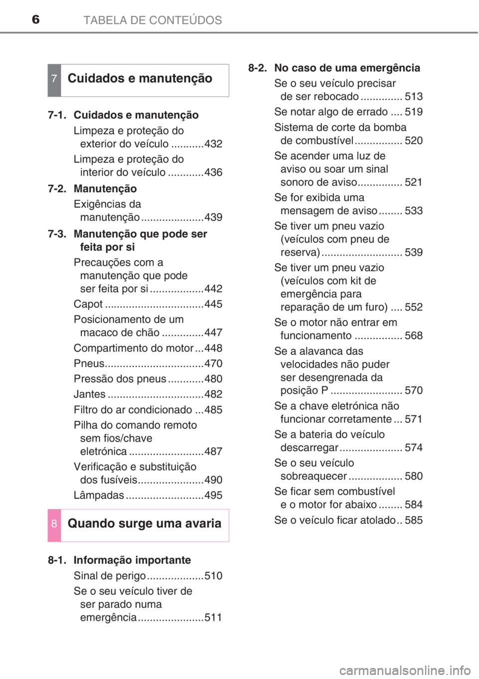 TOYOTA AURIS 2016  Manual de utilização (in Portuguese) TABELA DE CONTEÚDOS6
7-1.  Cuidados e manutenção
Limpeza e proteção do 
exterior do veículo ...........432
Limpeza e proteção do 
interior do veículo ............436
7-2. Manutenção
Exigên