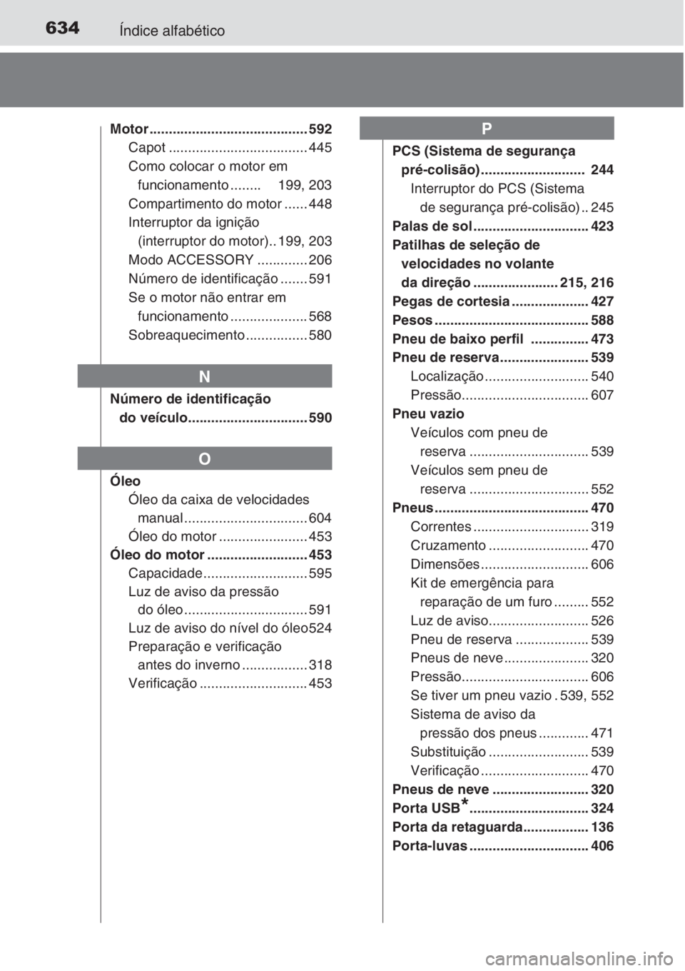 TOYOTA AURIS 2016  Manual de utilização (in Portuguese) 634Índice alfabético
Motor ......................................... 592
Capot .................................... 445
Como colocar o motor em 
funcionamento ........     199, 203
Compartimento do 