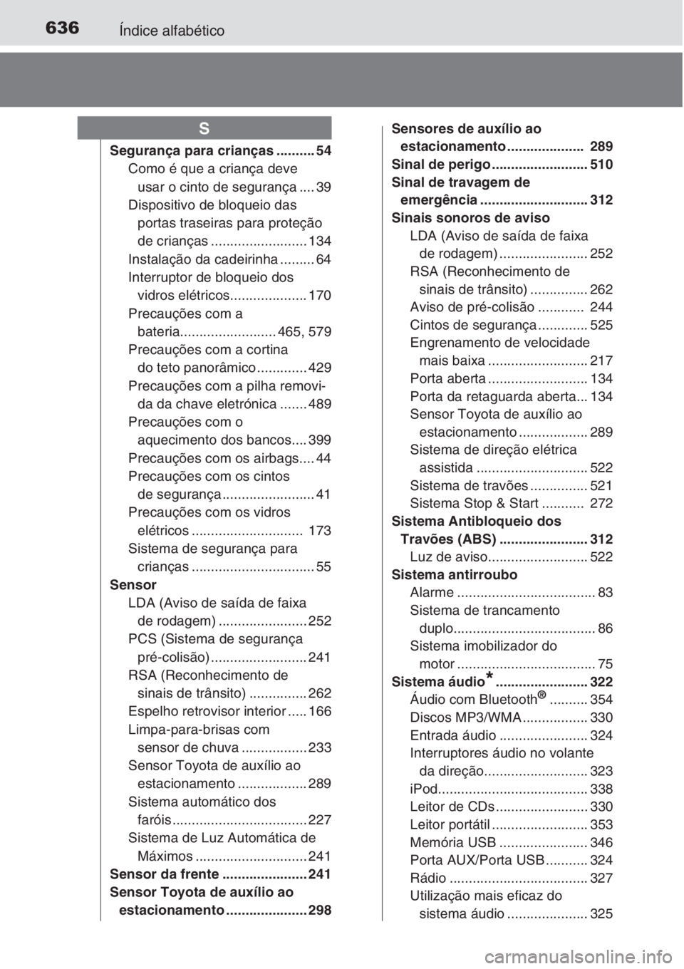 TOYOTA AURIS 2016  Manual de utilização (in Portuguese) 636Índice alfabético
Segurança para crianças .......... 54
Como é que a criança deve 
usar o cinto de segurança .... 39
Dispositivo de bloqueio das 
portas traseiras para proteção 
de crianç