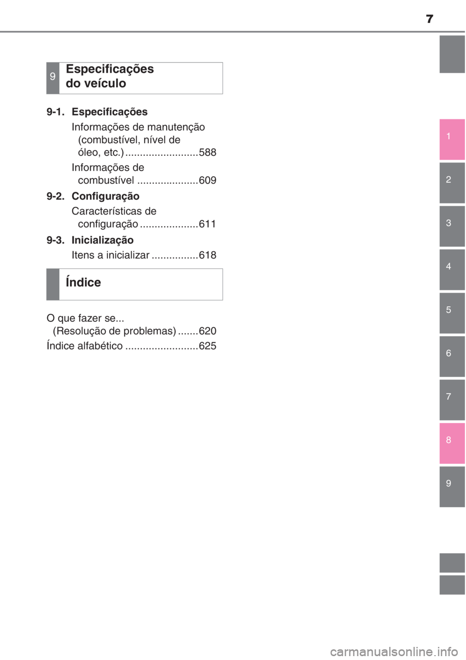 TOYOTA AURIS 2016  Manual de utilização (in Portuguese) 7
1
9 8 7 5 4 3 2
6
9-1. Especificações
Informações de manutenção 
(combustível, nível de 
óleo, etc.) .........................588
Informações de 
combustível .....................609
9-2