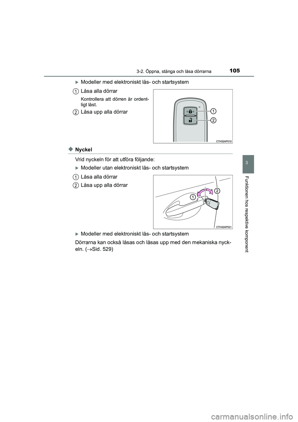 TOYOTA AURIS 2016 Bruksanvisningar (in Swedish) 1053-2. Öppna, stänga och låsa dörrarna
OM12J31SE
3
Funktionen hos respektive komponent
Modeller med elektroniskt lås- och startsystem
Låsa alla dörrar
Kontrollera att dörren är ordent-
li TOYOTA AURIS 2016 Bruksanvisningar (in Swedish) 1053-2. Öppna, stänga och låsa dörrarna
OM12J31SE
3
Funktionen hos respektive komponent
Modeller med elektroniskt lås- och startsystem
Låsa alla dörrar
Kontrollera att dörren är ordent-
li