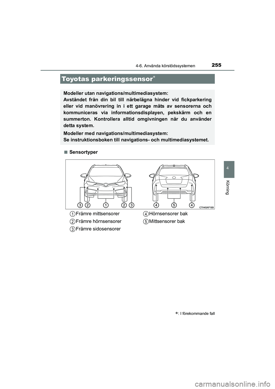 TOYOTA AURIS 2016 Bruksanvisningar (in Swedish) 2554-6. Använda körstödssystemen
OM12J31SE
4
Körning
nSensortyper
Toyotas parkeringssensor
: I förekommande fall
Modeller utan navigations/multimediasystem:
Avståndet från din bil till n TOYOTA AURIS 2016 Bruksanvisningar (in Swedish) 2554-6. Använda körstödssystemen
OM12J31SE
4
Körning
nSensortyper
Toyotas parkeringssensor
: I förekommande fall
Modeller utan navigations/multimediasystem:
Avståndet från din bil till n
