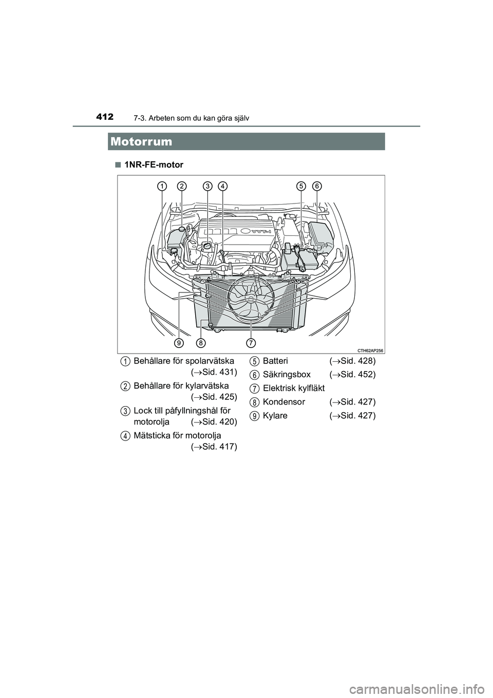 TOYOTA AURIS 2016  Bruksanvisningar (in Swedish) 4127-3. Arbeten som du kan göra själv
OM12J31SEn
1NR-FE-motor
Motorrum
Behållare för spolarvätska
 ( Sid. 431)
Behållare för kylarvätska  ( Sid. 425)
Lock till påfy llningshål för 
mo