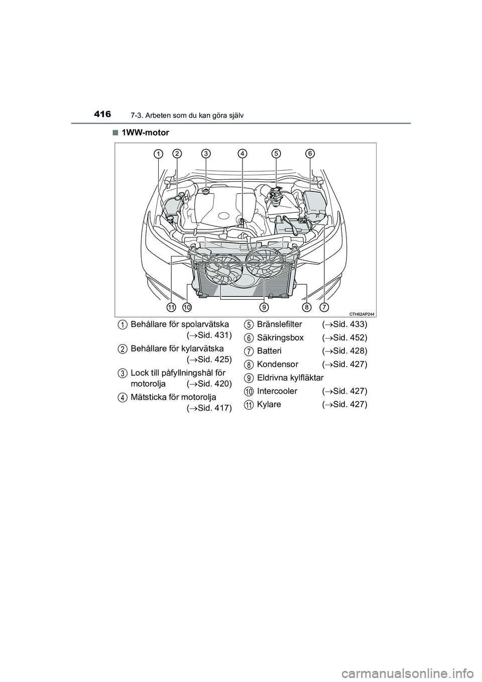 TOYOTA AURIS 2016  Bruksanvisningar (in Swedish) 4167-3. Arbeten som du kan göra själv
OM12J31SEn
1WW-motor
Behållare för spolarvätska
 ( Sid. 431)
Behållare för kylarvätska  ( Sid. 425)
Lock till påfy llningshål för 
motorolja ( 