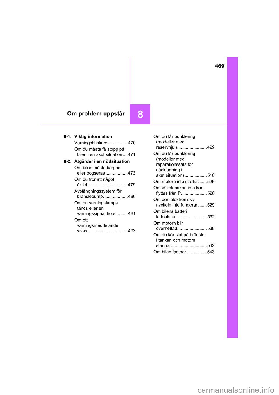 TOYOTA AURIS 2016 Bruksanvisningar (in Swedish) 469
8Om problem uppstår
OM12J31SE8-1. Viktig information
Varningsblinkers ................ 470
Om du måste få stopp på bilen i en akut situation .... 471
8-2. Åtgärder i en nödsituation Om bil TOYOTA AURIS 2016 Bruksanvisningar (in Swedish) 469
8Om problem uppstår
OM12J31SE8-1. Viktig information
Varningsblinkers ................ 470
Om du måste få stopp på bilen i en akut situation .... 471
8-2. Åtgärder i en nödsituation Om bil