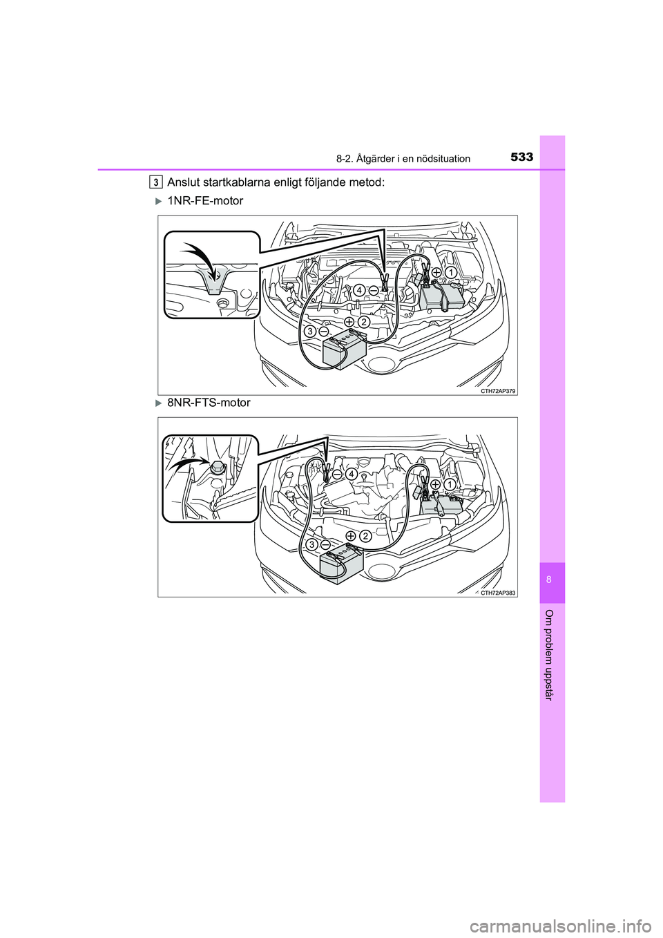 TOYOTA AURIS 2016 Bruksanvisningar (in Swedish) 5338-2. Åtgärder i en nödsituation
OM12J31SE
8
Om problem uppstår
Anslut startkablarna enligt följande metod:
1NR-FE-motor
8NR-FTS-motor
3
AURIS Touring Sports_OM_SE_OM12J31SE.book Page 53 TOYOTA AURIS 2016 Bruksanvisningar (in Swedish) 5338-2. Åtgärder i en nödsituation
OM12J31SE
8
Om problem uppstår
Anslut startkablarna enligt följande metod:
1NR-FE-motor
8NR-FTS-motor
3
AURIS Touring Sports_OM_SE_OM12J31SE.book Page 53