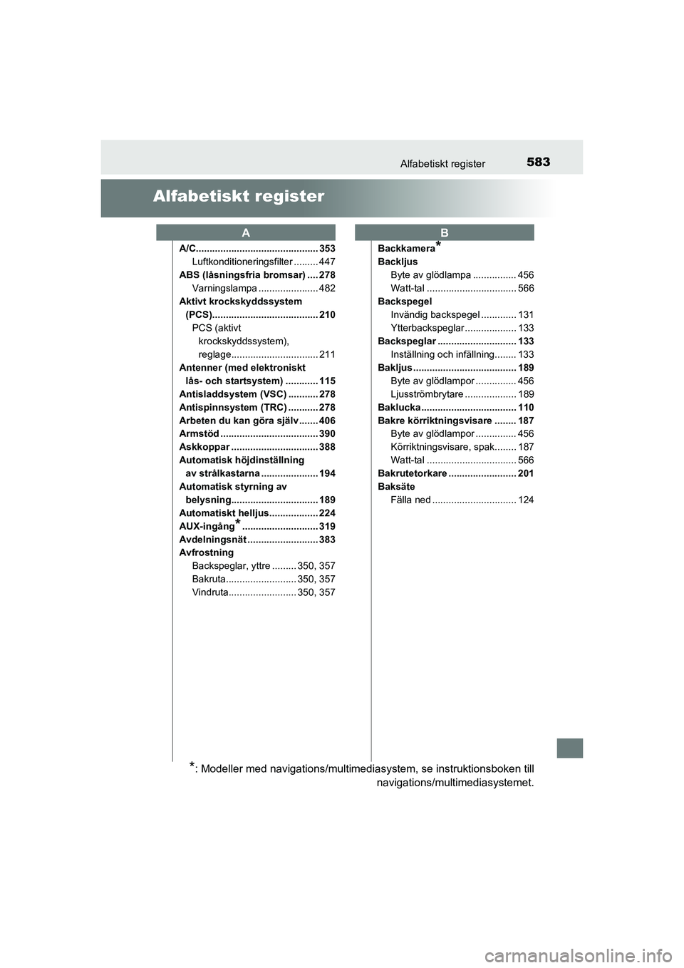TOYOTA AURIS 2016 Bruksanvisningar (in Swedish) 583
OM12J31SE
Alfabetiskt register
Alfabetiskt register
A/C............................................. 353Luftkonditioneringsfilter ......... 447
ABS (låsningsfria bromsar) .... 278 Varningslampa . TOYOTA AURIS 2016 Bruksanvisningar (in Swedish) 583
OM12J31SE
Alfabetiskt register
Alfabetiskt register
A/C............................................. 353Luftkonditioneringsfilter ......... 447
ABS (låsningsfria bromsar) .... 278 Varningslampa .