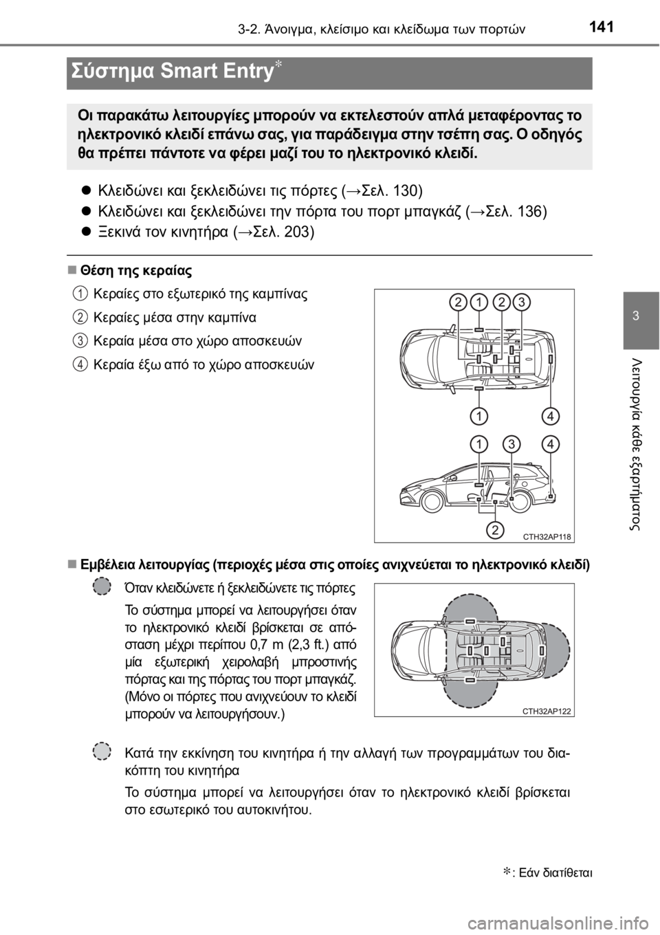 TOYOTA AURIS 2016 ΟΔΗΓΌΣ ΧΡΉΣΗΣ (in Greek) 1413-2. Άνοιγμα, κλείσιμο και κλείδωμα των πορτών
3
Λειτουργία κάθε εξαρτήματος
Κλειδώνει και ξεκλειδώνει τις TOYOTA AURIS 2016 ΟΔΗΓΌΣ ΧΡΉΣΗΣ (in Greek) 1413-2. Άνοιγμα, κλείσιμο και κλείδωμα των πορτών
3
Λειτουργία κάθε εξαρτήματος
Κλειδώνει και ξεκλειδώνει τις