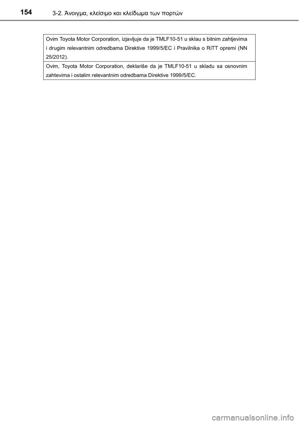 TOYOTA AURIS 2016 ΟΔΗΓΌΣ ΧΡΉΣΗΣ (in Greek) 1543-2. Άνοιγμα, κλείσιμο και κλείδωμα των πορτών
Ovim Toyota Motor Corporation, izjavljuje da je TMLF10-51 u sklau s bitnim zahtjevima
i drugim relevantnim odred TOYOTA AURIS 2016 ΟΔΗΓΌΣ ΧΡΉΣΗΣ (in Greek) 1543-2. Άνοιγμα, κλείσιμο και κλείδωμα των πορτών
Ovim Toyota Motor Corporation, izjavljuje da je TMLF10-51 u sklau s bitnim zahtjevima
i drugim relevantnim odred
