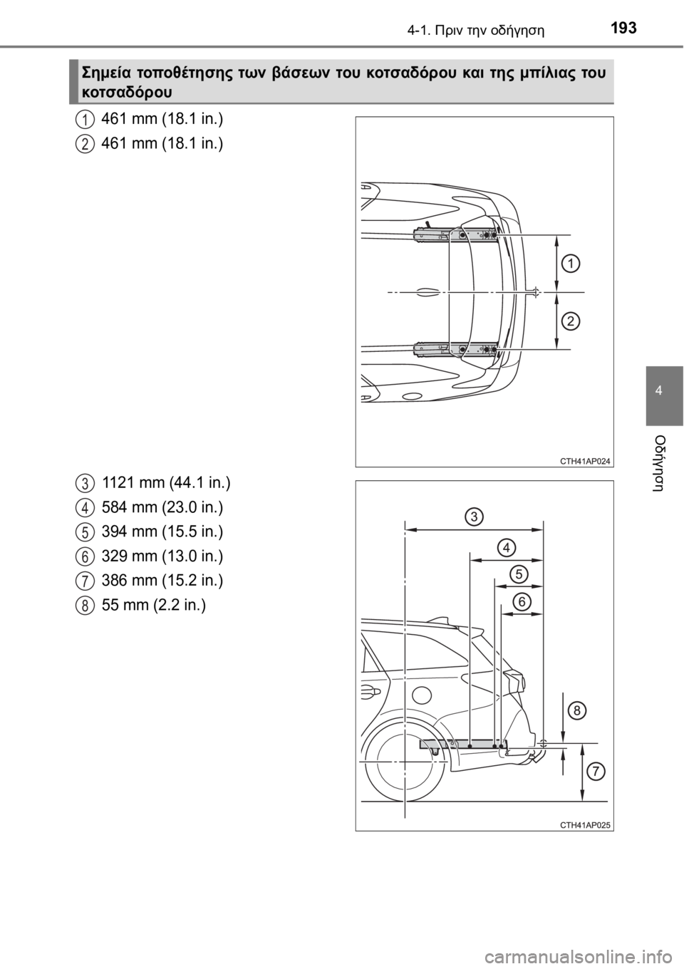 TOYOTA AURIS 2016 ΟΔΗΓΌΣ ΧΡΉΣΗΣ (in Greek) 1934-1. Πριν την οδήγηση
4
Οδήγηση
461 mm (18.1 in.)
461 mm (18.1 in.)
1121 mm (44.1 in.)
584 mm (23.0 in.)
394 mm (15.5 in.)
329 mm (13.0 in.)
386 mm (15.2 in.)
55 mm (2.2 in.)
TOYOTA AURIS 2016 ΟΔΗΓΌΣ ΧΡΉΣΗΣ (in Greek) 1934-1. Πριν την οδήγηση
4
Οδήγηση
461 mm (18.1 in.)
461 mm (18.1 in.)
1121 mm (44.1 in.)
584 mm (23.0 in.)
394 mm (15.5 in.)
329 mm (13.0 in.)
386 mm (15.2 in.)
55 mm (2.2 in.)