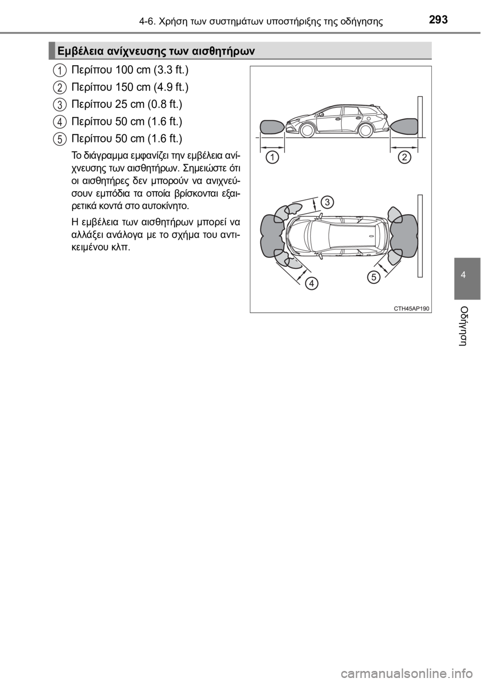 TOYOTA AURIS 2016 ΟΔΗΓΌΣ ΧΡΉΣΗΣ (in Greek) 2934-6. Χρήση των συστημάτων υποστήριξης της οδήγησης
4
Οδήγηση
Περίπου 100 cm (3.3 ft.)
Περίπου 150 cm (4.9 ft.)
Περίπου 25 cm (0.8 TOYOTA AURIS 2016 ΟΔΗΓΌΣ ΧΡΉΣΗΣ (in Greek) 2934-6. Χρήση των συστημάτων υποστήριξης της οδήγησης
4
Οδήγηση
Περίπου 100 cm (3.3 ft.)
Περίπου 150 cm (4.9 ft.)
Περίπου 25 cm (0.8