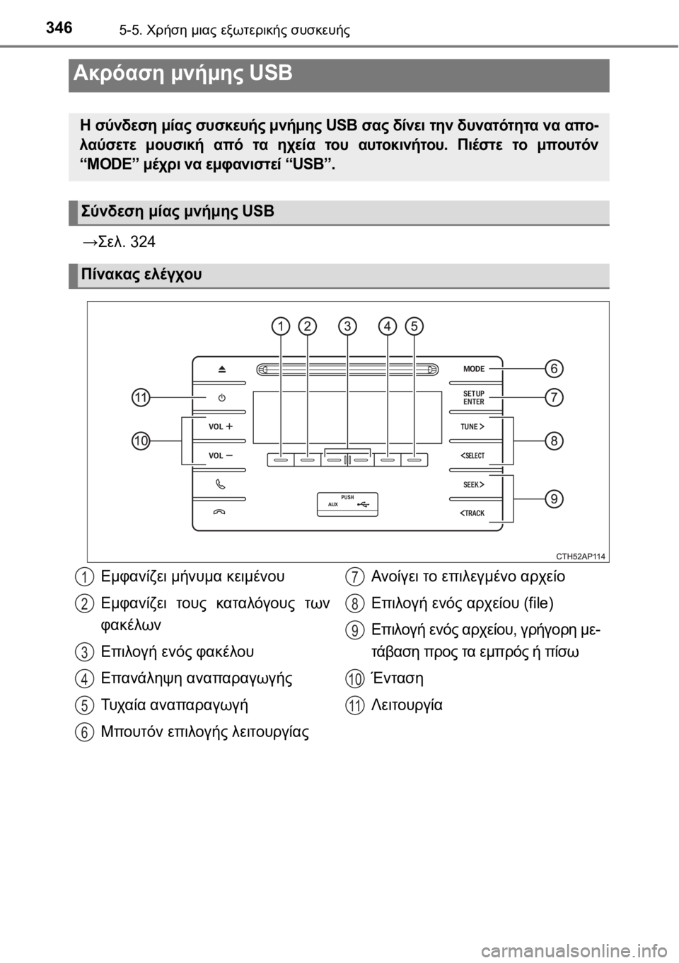 TOYOTA AURIS 2016 ΟΔΗΓΌΣ ΧΡΉΣΗΣ (in Greek) 3465-5. Χρήση μιας εξωτερικής συσκευής
→Σελ. 324
Ακρόαση μνήμης USB
Η σύνδεση μίας συσκευής μνήμης USB σας δίνει την TOYOTA AURIS 2016 ΟΔΗΓΌΣ ΧΡΉΣΗΣ (in Greek) 3465-5. Χρήση μιας εξωτερικής συσκευής
→Σελ. 324
Ακρόαση μνήμης USB
Η σύνδεση μίας συσκευής μνήμης USB σας δίνει την