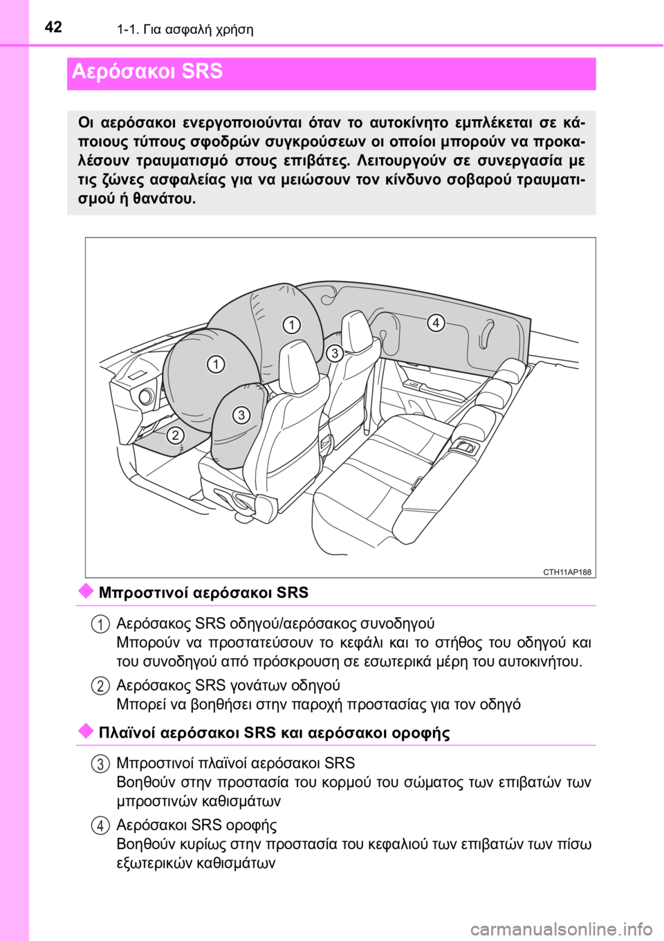 TOYOTA AURIS 2016  ΟΔΗΓΌΣ ΧΡΉΣΗΣ (in Greek) 421-1. Για ασφαλή χρήση
Μπροστινοί αερόσακοι SRS
Αερόσακος SRS οδηγού/αερόσακος συνοδηγού
Μπορούν να προστατεύσ�