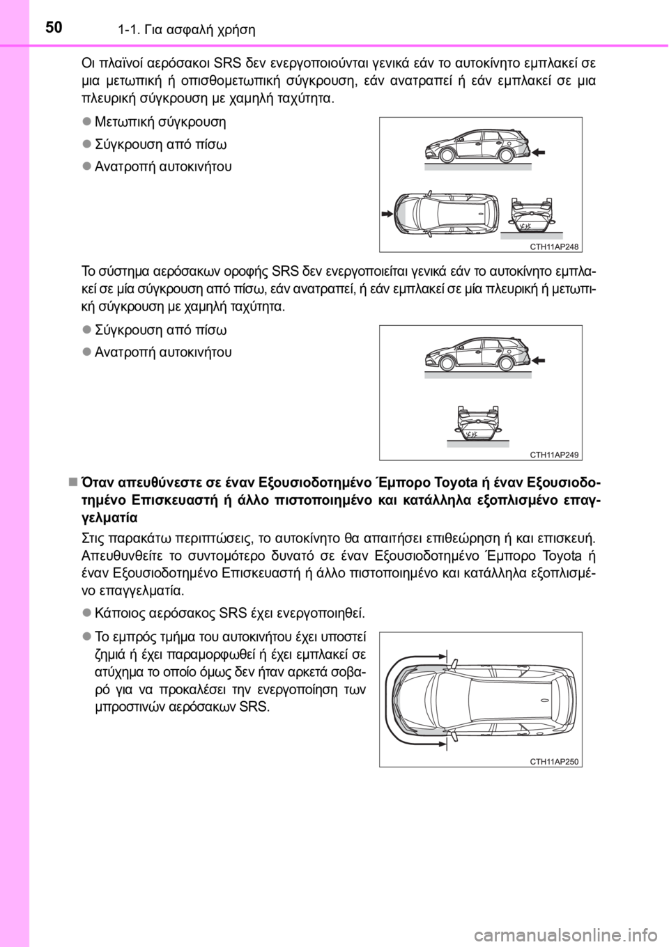 TOYOTA AURIS 2016  ΟΔΗΓΌΣ ΧΡΉΣΗΣ (in Greek) 501-1. Για ασφαλή χρήση
Οι πλαϊνοί αερόσακοι SRS δεν ενεργοποιούνται γενικά εάν το αυτοκίνητο εμπλακεί σε
μια μετ