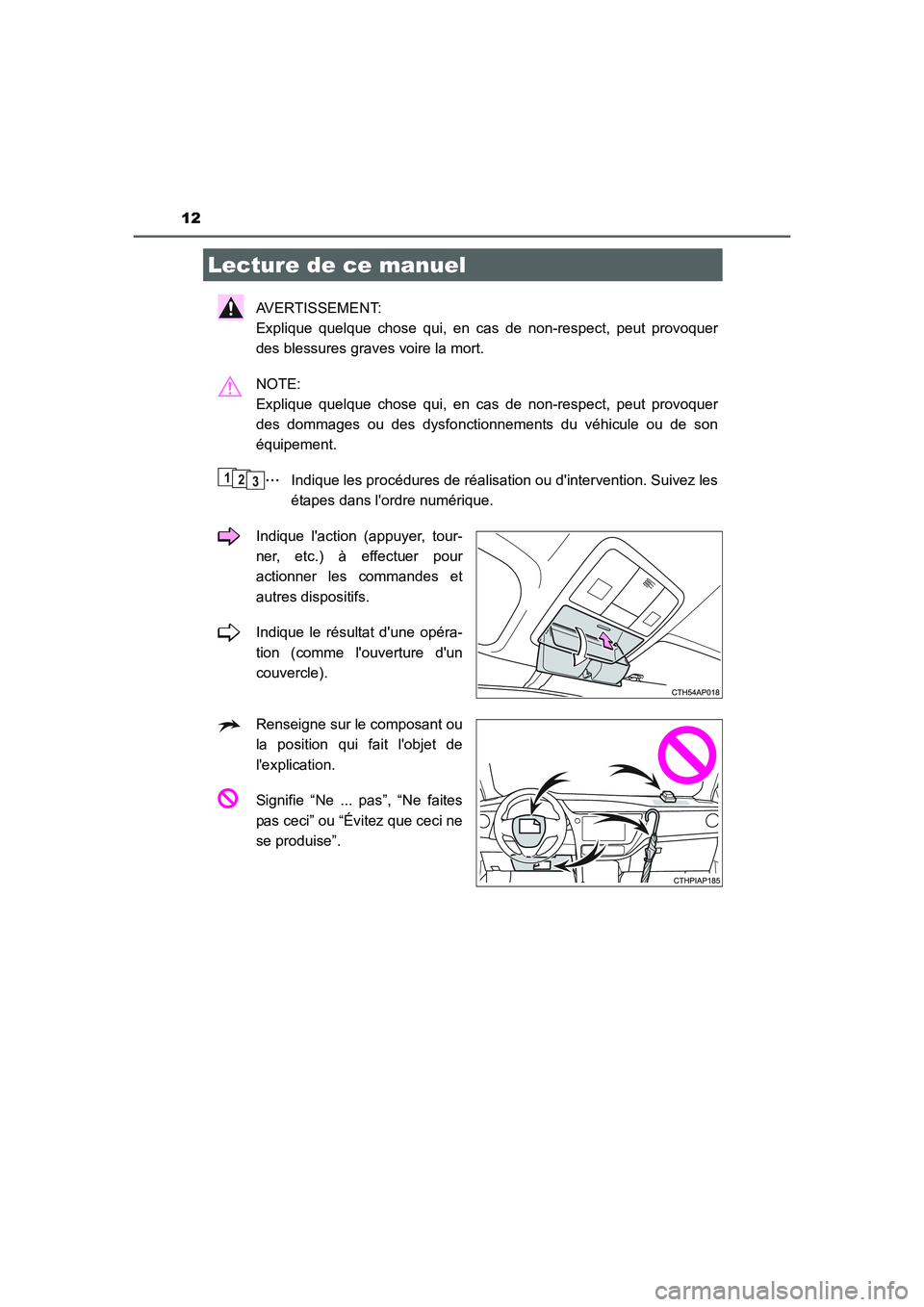 TOYOTA AURIS 2016  Notices Demploi (in French) 12
UK_AURIS_Touring_Sport_EK (OM12J32K)
AVERTISSEMENT: 
Explique quelque chose qui, en cas de non-respect, peut provoquer
des blessures graves voire la mort.
NOTE: 
Explique quelque chose qui, en cas 