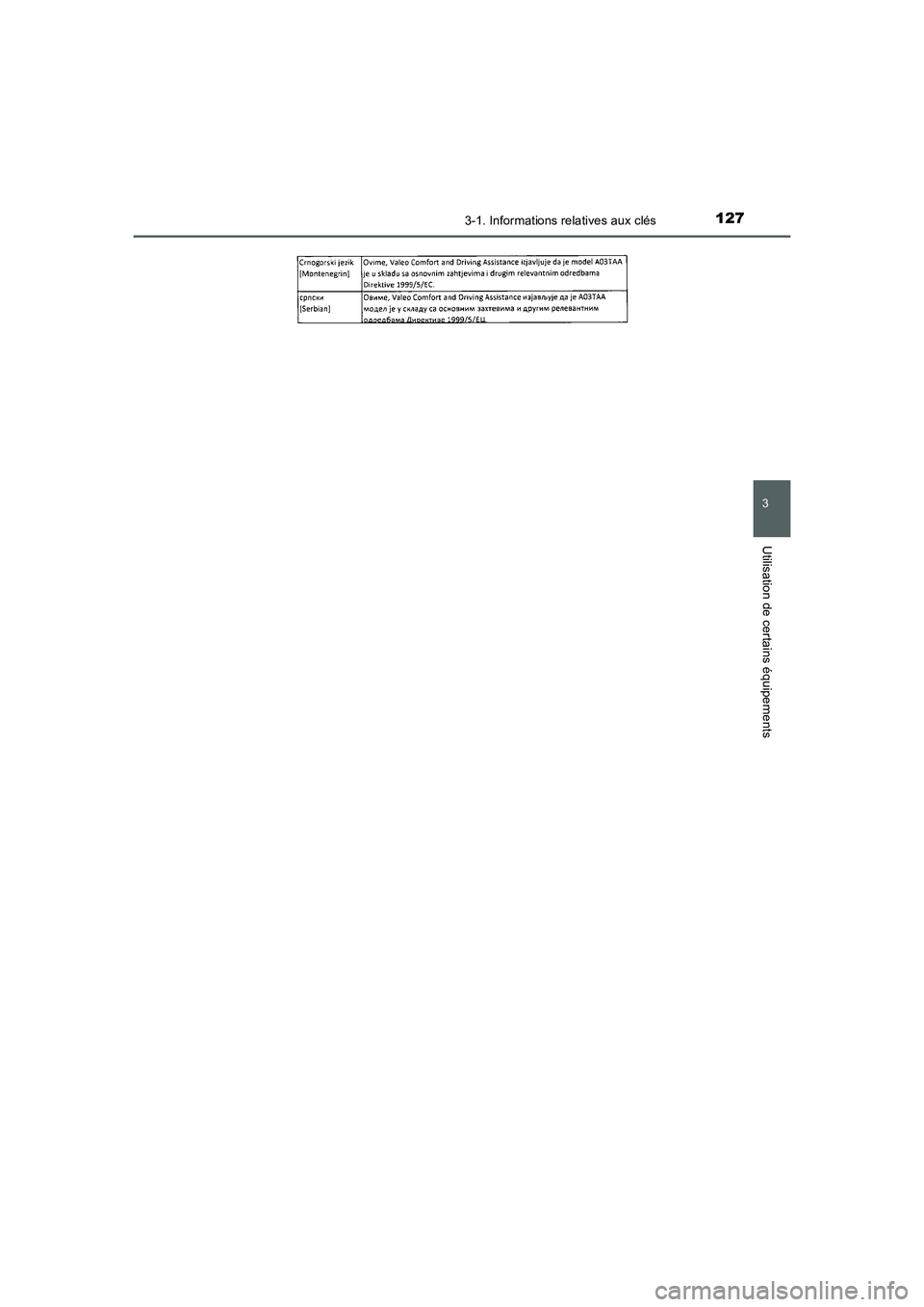 TOYOTA AURIS 2016  Notices Demploi (in French) 1273-1. Informations relatives aux clés
3
Utilisation de certains équipements
UK_AURIS_Touring_Sport_EK (OM12J32K)
AURIS Touring Sports_OM_EK_OM12J32K.book  127 ページ  ２０１５年３月３