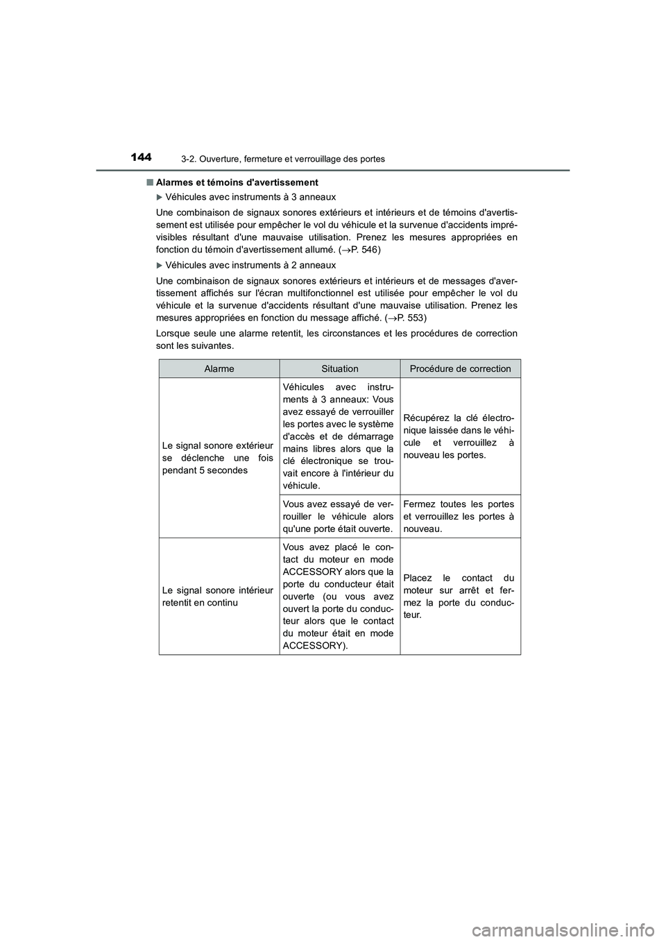 TOYOTA AURIS 2016  Notices Demploi (in French) 1443-2. Ouverture, fermeture et verrouillage des portes
UK_AURIS_Touring_Sport_EK (OM12J32K)■Alarmes et témoins davertissement
�XVéhicules avec instruments à 3 anneaux
Une combinaison de signaux