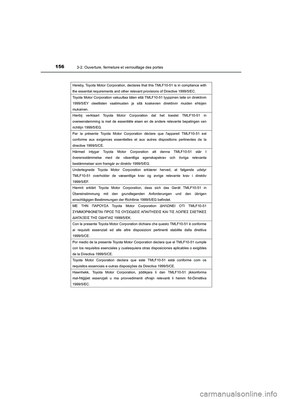 TOYOTA AURIS 2016 Notices Demploi (in French) 1563-2. Ouverture, fermeture et verrouillage des portes
UK_AURIS_Touring_Sport_EK (OM12J32K)
Hereby, Toyota Motor Corporation, declares that this TMLF10-51 is in compliance with
the essential require TOYOTA AURIS 2016 Notices Demploi (in French) 1563-2. Ouverture, fermeture et verrouillage des portes
UK_AURIS_Touring_Sport_EK (OM12J32K)
Hereby, Toyota Motor Corporation, declares that this TMLF10-51 is in compliance with
the essential require