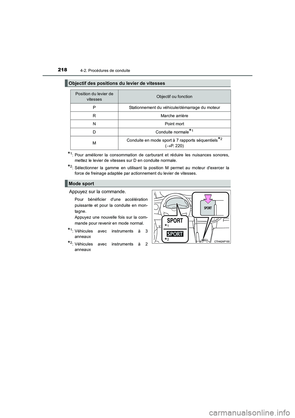 TOYOTA AURIS 2016  Notices Demploi (in French) 2184-2. Procédures de conduite
UK_AURIS_Touring_Sport_EK (OM12J32K)
*1: Pour améliorer la consommation de carburant et réduire les nuisances sonores,
mettez le levier de vitesses sur D en conduite 