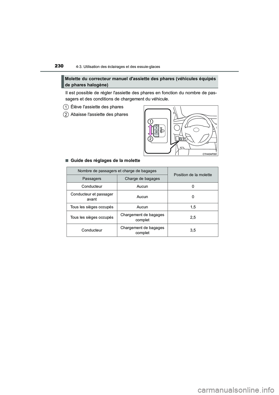 TOYOTA AURIS 2016  Notices Demploi (in French) 2304-3. Utilisation des éclairages et des essuie-glaces
UK_AURIS_Touring_Sport_EK (OM12J32K)
Il est possible de régler lassiette des phares en fonction du nombre de pas-
sagers et des conditions de