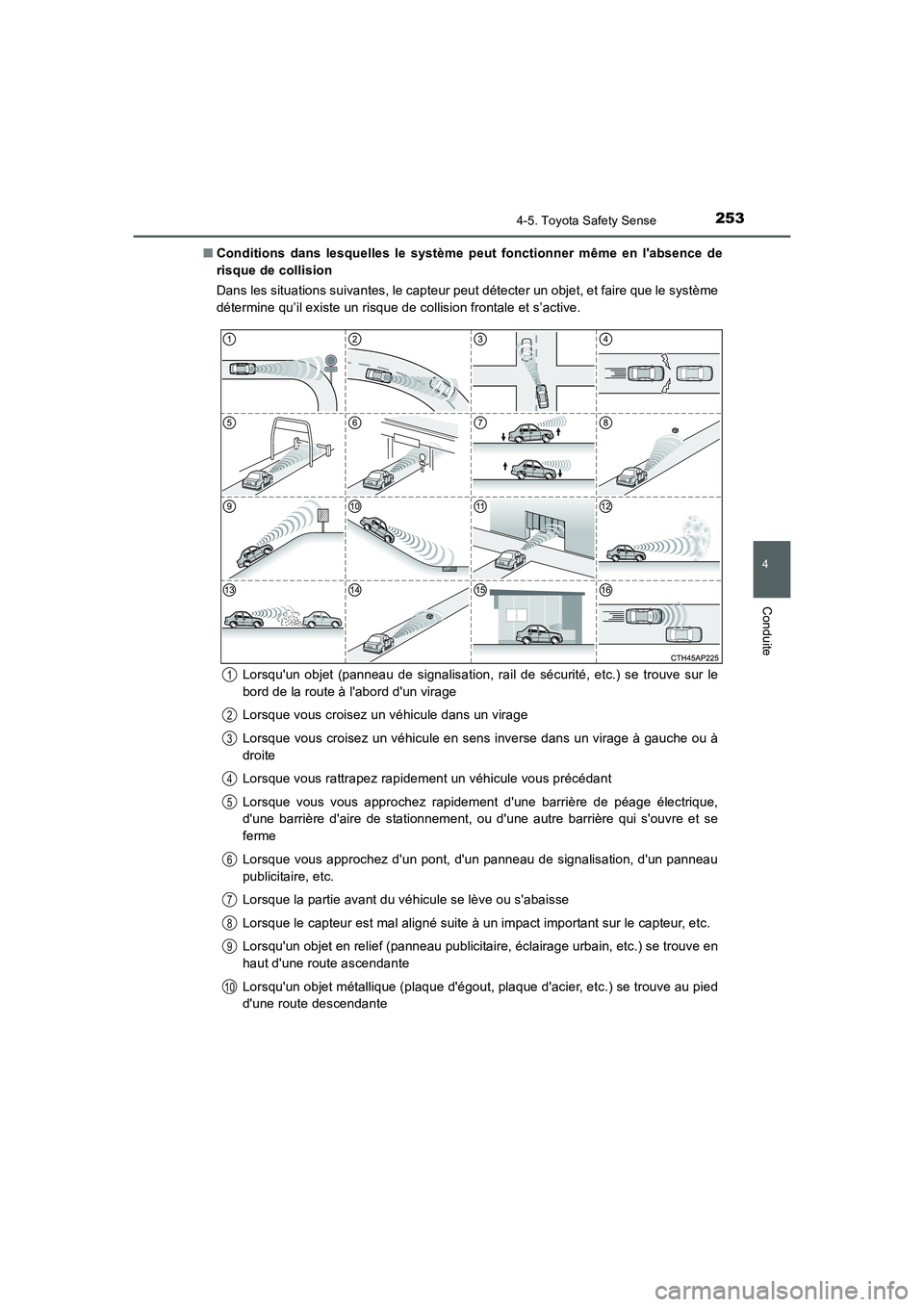 TOYOTA AURIS 2016 Notices Demploi (in French) 2534-5. Toyota Safety Sense
4
Conduite
UK_AURIS_Touring_Sport_EK (OM12J32K)■Conditions dans lesquelles le système peut fonctionner même en labsence de
risque de collision
Dans les situations suiv TOYOTA AURIS 2016 Notices Demploi (in French) 2534-5. Toyota Safety Sense
4
Conduite
UK_AURIS_Touring_Sport_EK (OM12J32K)■Conditions dans lesquelles le système peut fonctionner même en labsence de
risque de collision
Dans les situations suiv