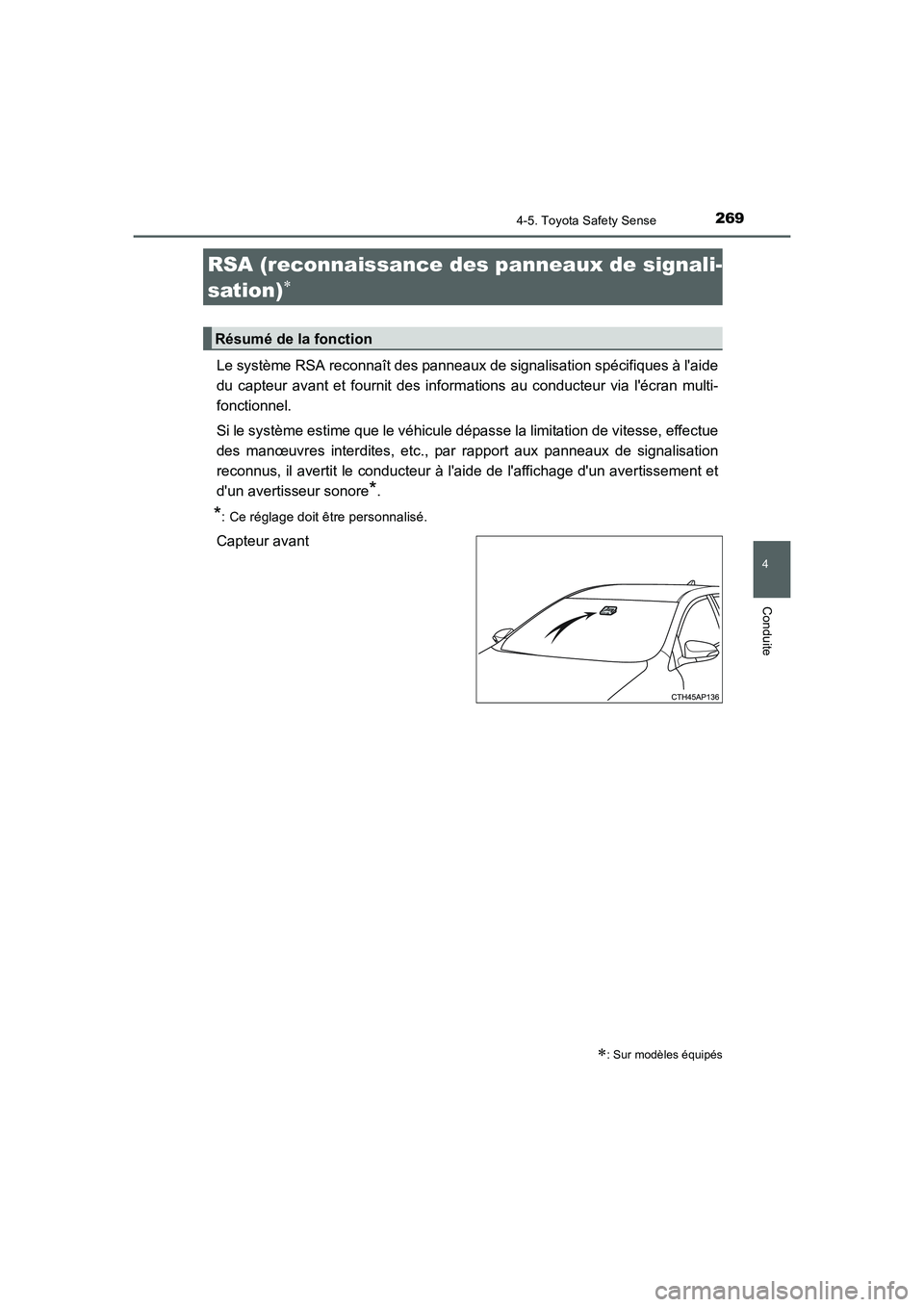 TOYOTA AURIS 2016 Notices Demploi (in French) 2694-5. Toyota Safety Sense
4
Conduite
UK_AURIS_Touring_Sport_EK (OM12J32K)
Le système RSA reconnaît des panneaux de signalisation spécifiques à laide
du capteur avant et fournit des informations TOYOTA AURIS 2016 Notices Demploi (in French) 2694-5. Toyota Safety Sense
4
Conduite
UK_AURIS_Touring_Sport_EK (OM12J32K)
Le système RSA reconnaît des panneaux de signalisation spécifiques à laide
du capteur avant et fournit des informations