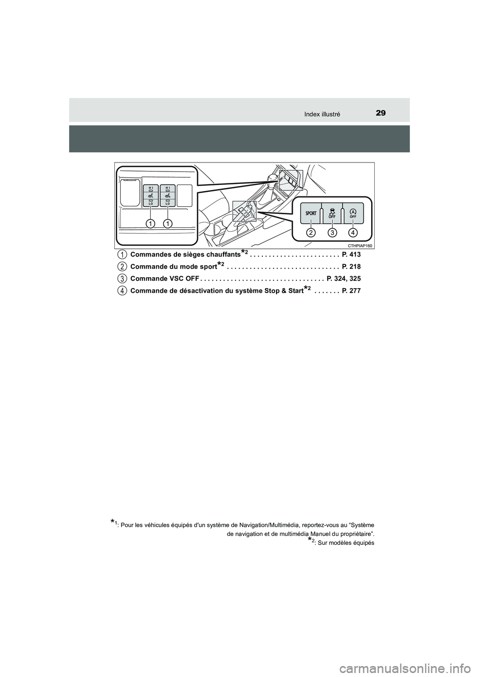 TOYOTA AURIS 2016  Notices Demploi (in French) 29Index illustré
UK_AURIS_Touring_Sport_EK (OM12J32K)Commandes de sièges chauffants
*2 . . . . . . . . . . . . . . . . . . . . . . . .  P. 413
Commande du mode sport
*2 . . . . . . . . . . . . . . .