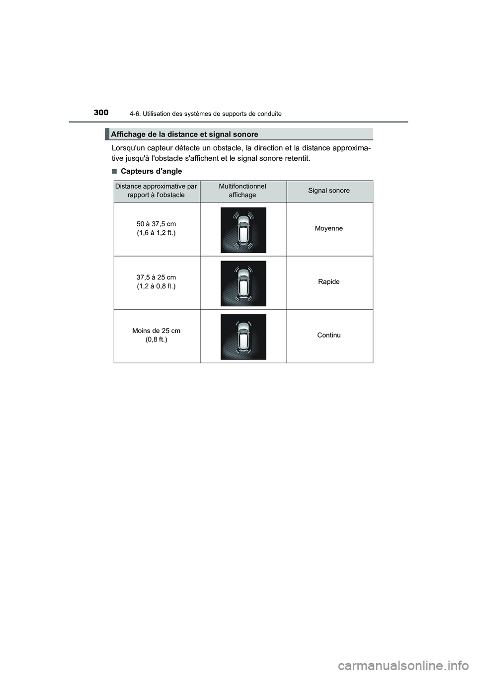 TOYOTA AURIS 2016  Notices Demploi (in French) 3004-6. Utilisation des systèmes de supports de conduite
UK_AURIS_Touring_Sport_EK (OM12J32K)
Lorsquun capteur détecte un obstacle, la direction et la distance approxima-
tive jusquà lobstacle s