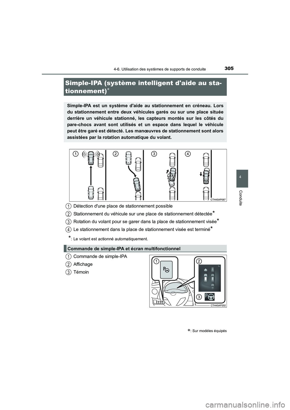 TOYOTA AURIS 2016 Notices Demploi (in French) 3054-6. Utilisation des systèmes de supports de conduite
4
Conduite
UK_AURIS_Touring_Sport_EK (OM12J32K)
Commande de simple-IPA
Affichage
Témoin
Simple-IPA (système intelligent daide au sta-
tionn TOYOTA AURIS 2016 Notices Demploi (in French) 3054-6. Utilisation des systèmes de supports de conduite
4
Conduite
UK_AURIS_Touring_Sport_EK (OM12J32K)
Commande de simple-IPA
Affichage
Témoin
Simple-IPA (système intelligent daide au sta-
tionn