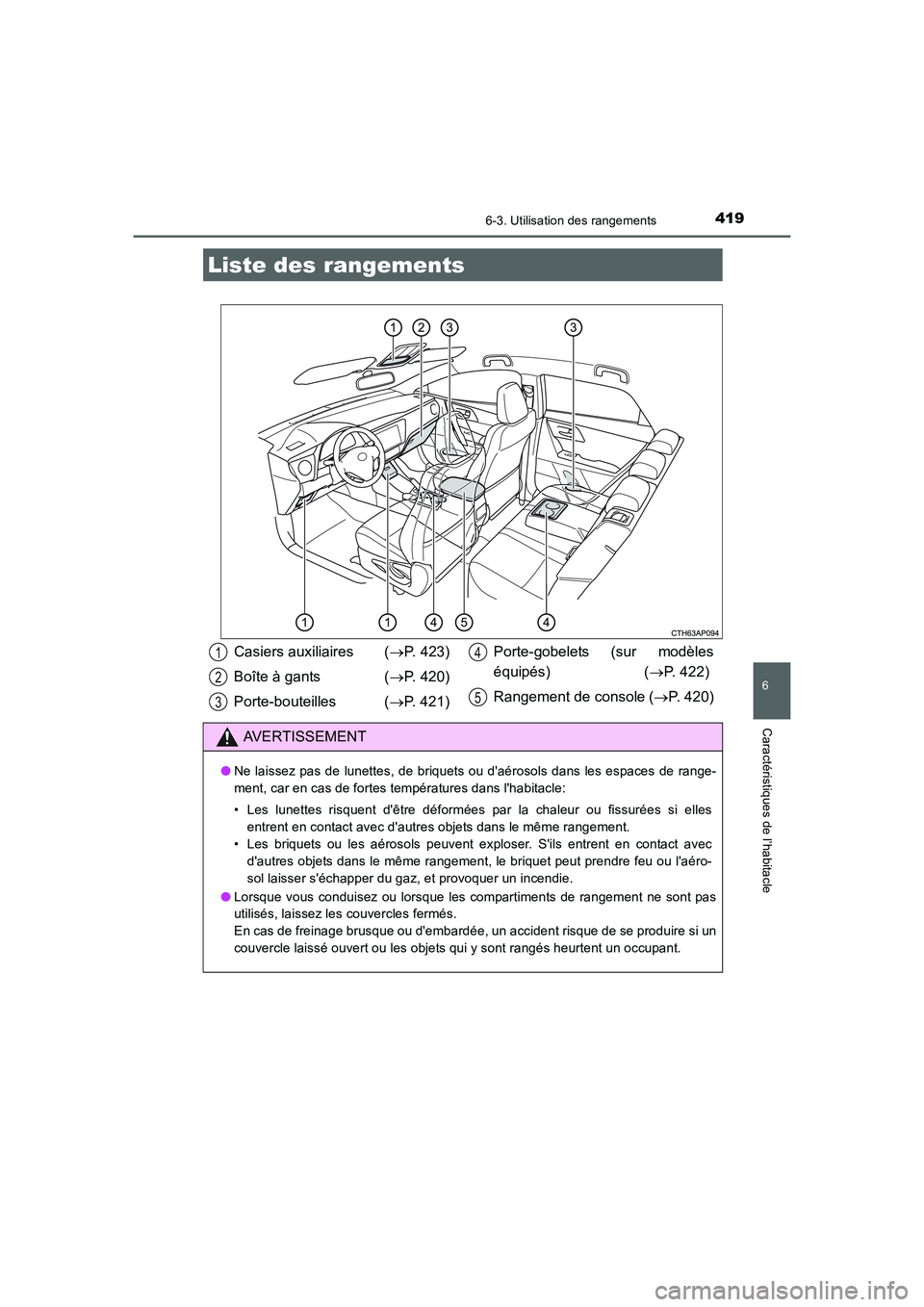 TOYOTA AURIS 2016  Notices Demploi (in French) 419
6
Caractéristiques de l’habitacle
UK_AURIS_Touring_Sport_EK (OM12J32K)
6-3. Utilisation des rangements
Liste des rangements
Casiers auxiliaires (→P. 423)
Boîte à gants  (→P. 420)
Porte-bo