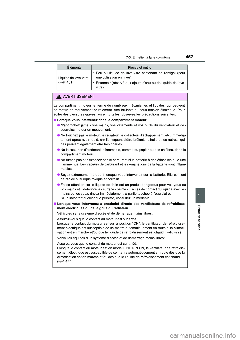 TOYOTA AURIS 2016 Notices Demploi (in French) 4577-3. Entretien à faire soi-même
7
Entretien et soins
UK_AURIS_Touring_Sport_EK (OM12J32K)
Liquide de lave-vitre
(→P. 481)
• Eau ou liquide de lave-vitre contenant de lantigel (pour
une util TOYOTA AURIS 2016 Notices Demploi (in French) 4577-3. Entretien à faire soi-même
7
Entretien et soins
UK_AURIS_Touring_Sport_EK (OM12J32K)
Liquide de lave-vitre
(→P. 481)
• Eau ou liquide de lave-vitre contenant de lantigel (pour
une util