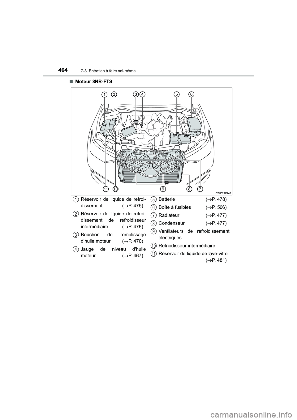 TOYOTA AURIS 2016  Notices Demploi (in French) 4647-3. Entretien à faire soi-même
UK_AURIS_Touring_Sport_EK (OM12J32K)■
Moteur 8NR-FTS
Réservoir de liquide de refroi-
dissement (→P. 475)
Réservoir de liquide de refroi-
dissement de refroid